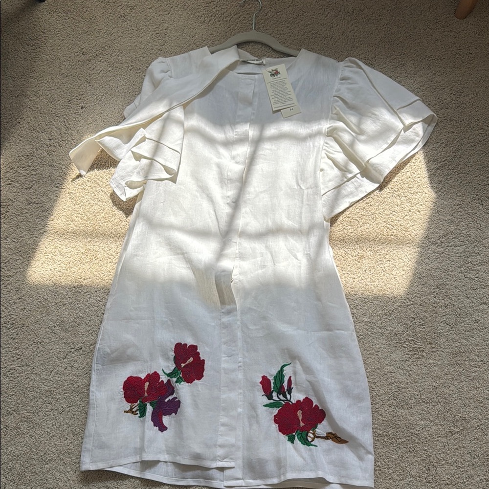Fanm Mon White Dress with Red Floral Embroidery NWT